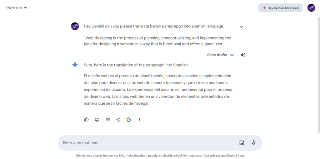 Gemini is one of the best AI chatbot for translating content in different languages